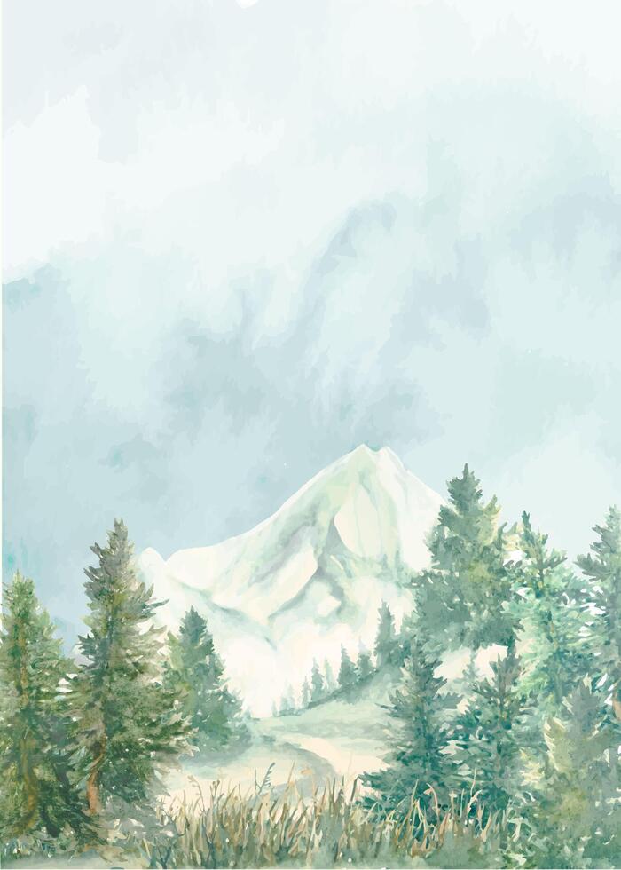 Watercolor background with mountains, pine trees, fir trees, grassy landscapes, pine trees . Hand drawn illustration. vector