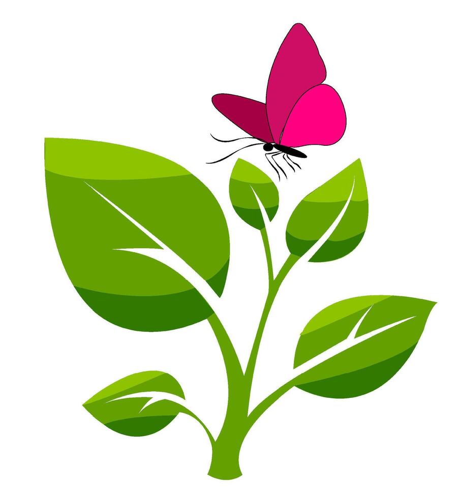 Bright pink butterfly resting on green leaves in a simple illustration depicting nature s beauty and tranquility vector