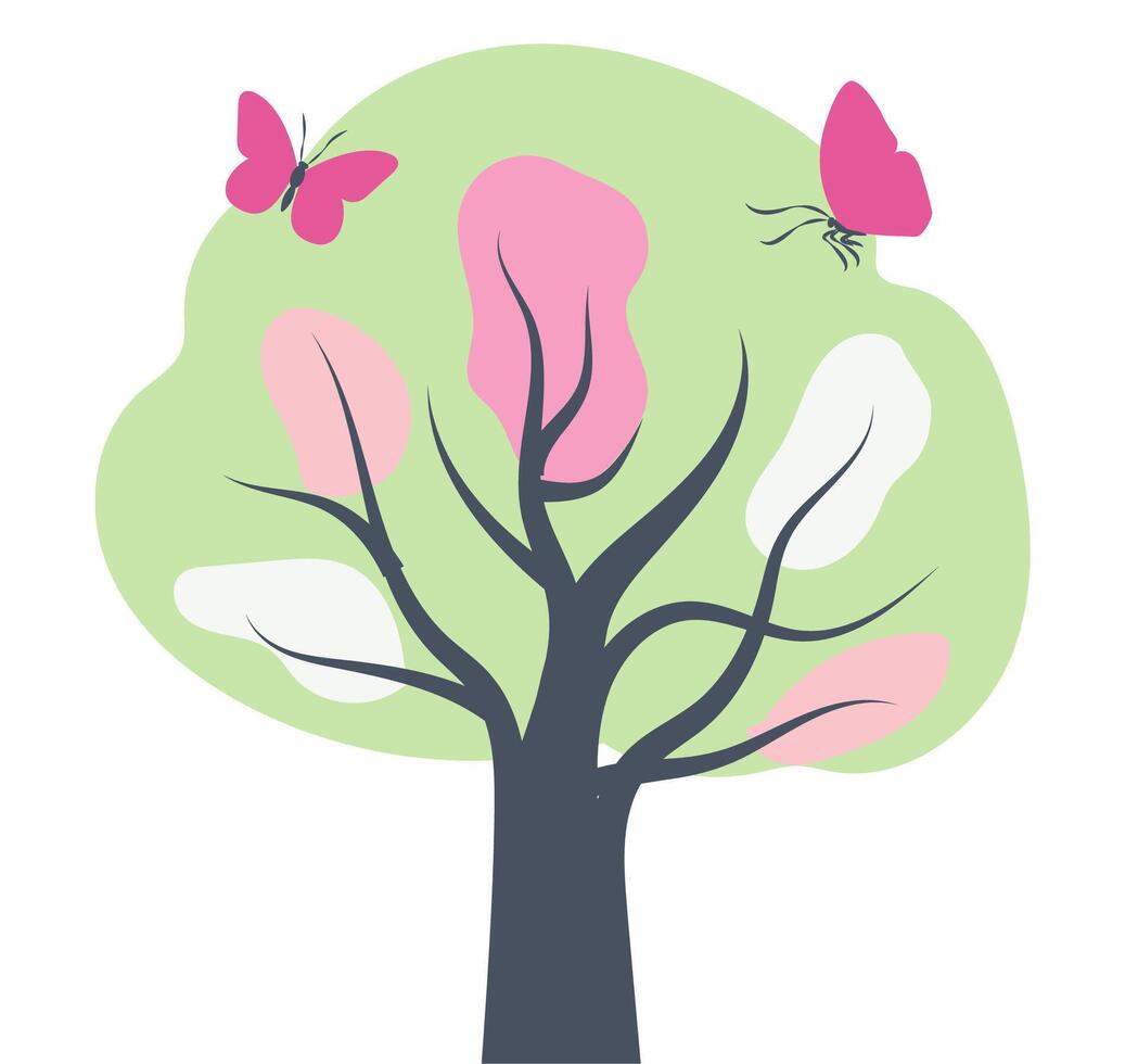 Colorful illustration of a tree with pink butterflies against a pastel background vector