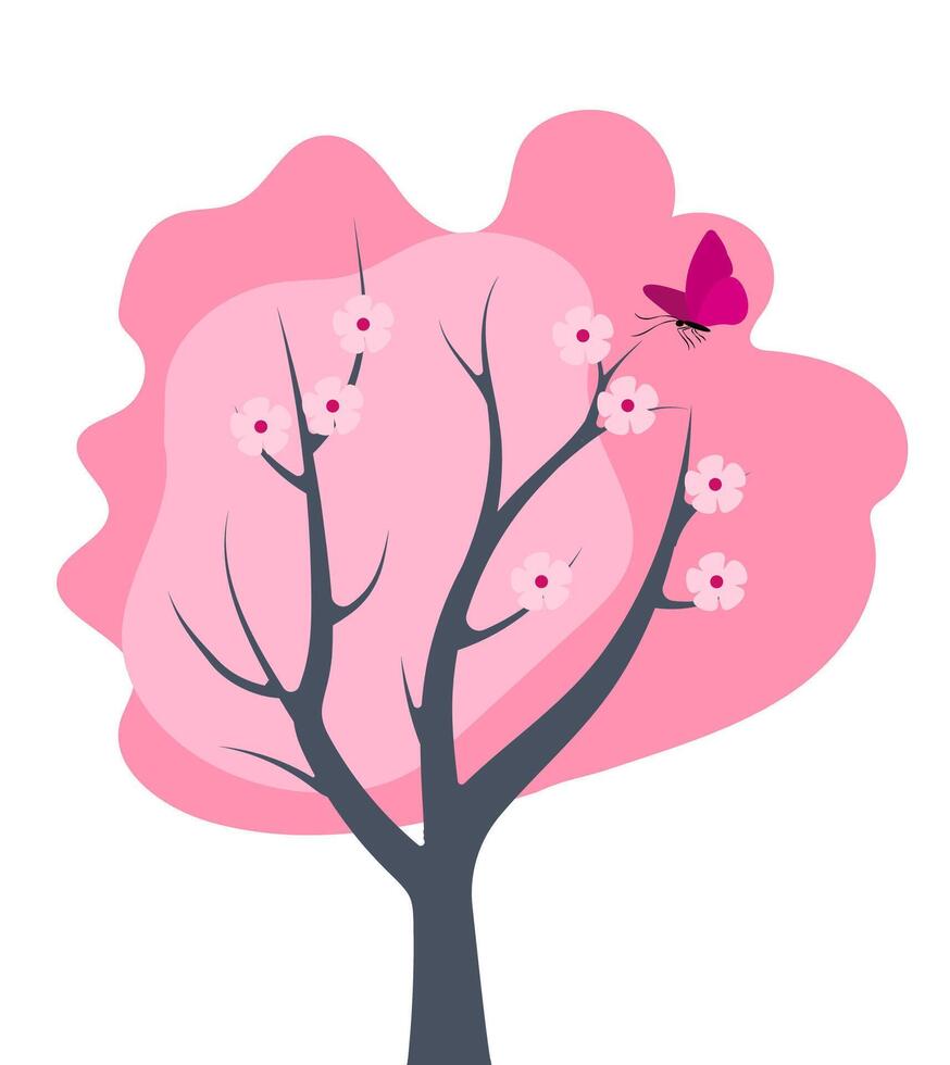 Beautiful sakura tree in full bloom with delicate pink blossoms and a butterfly fluttering nearby during springtime vector