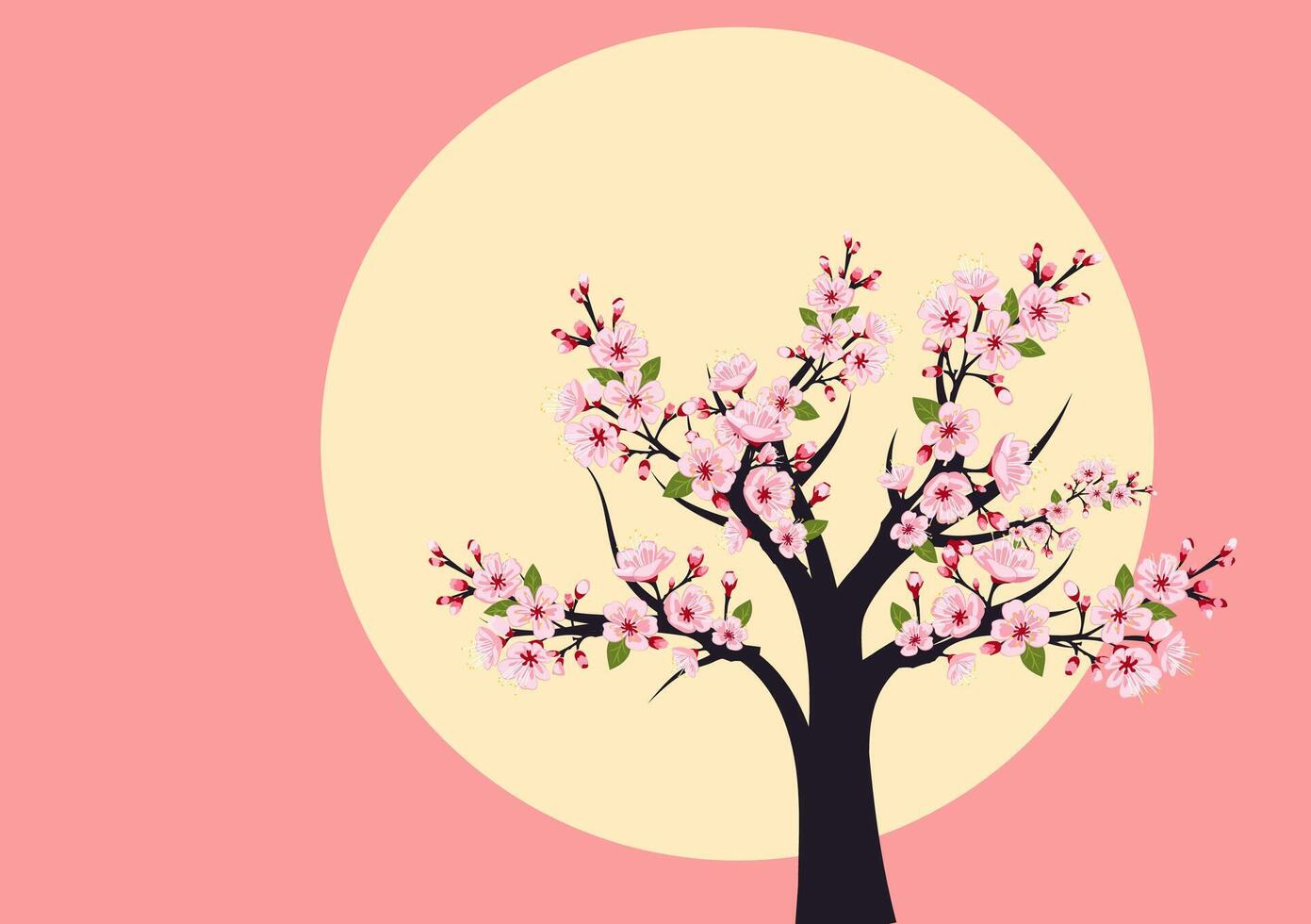 Cherry blossom tree with pink flowers against a radiant yellow background in a tranquil spring setting vector