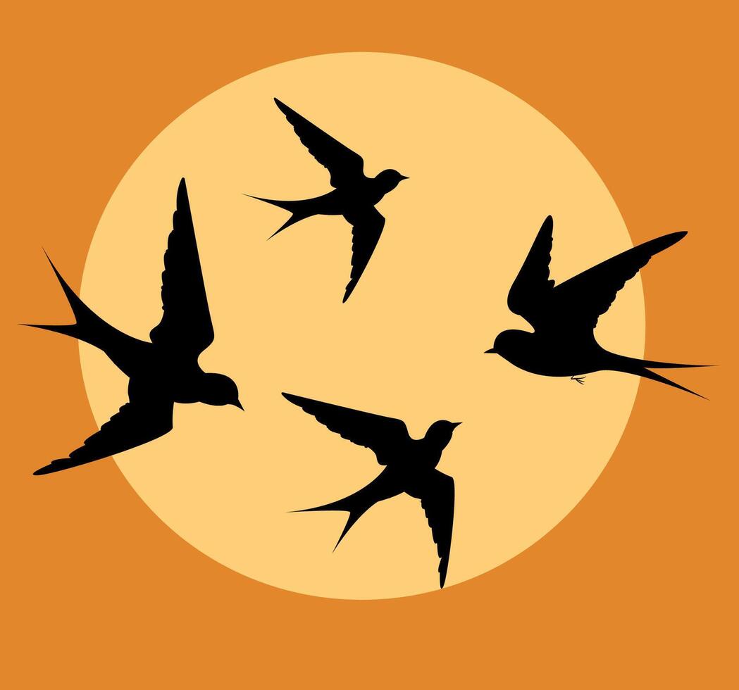 Silhouetted birds flying against a warm sunset background in illustration style vector
