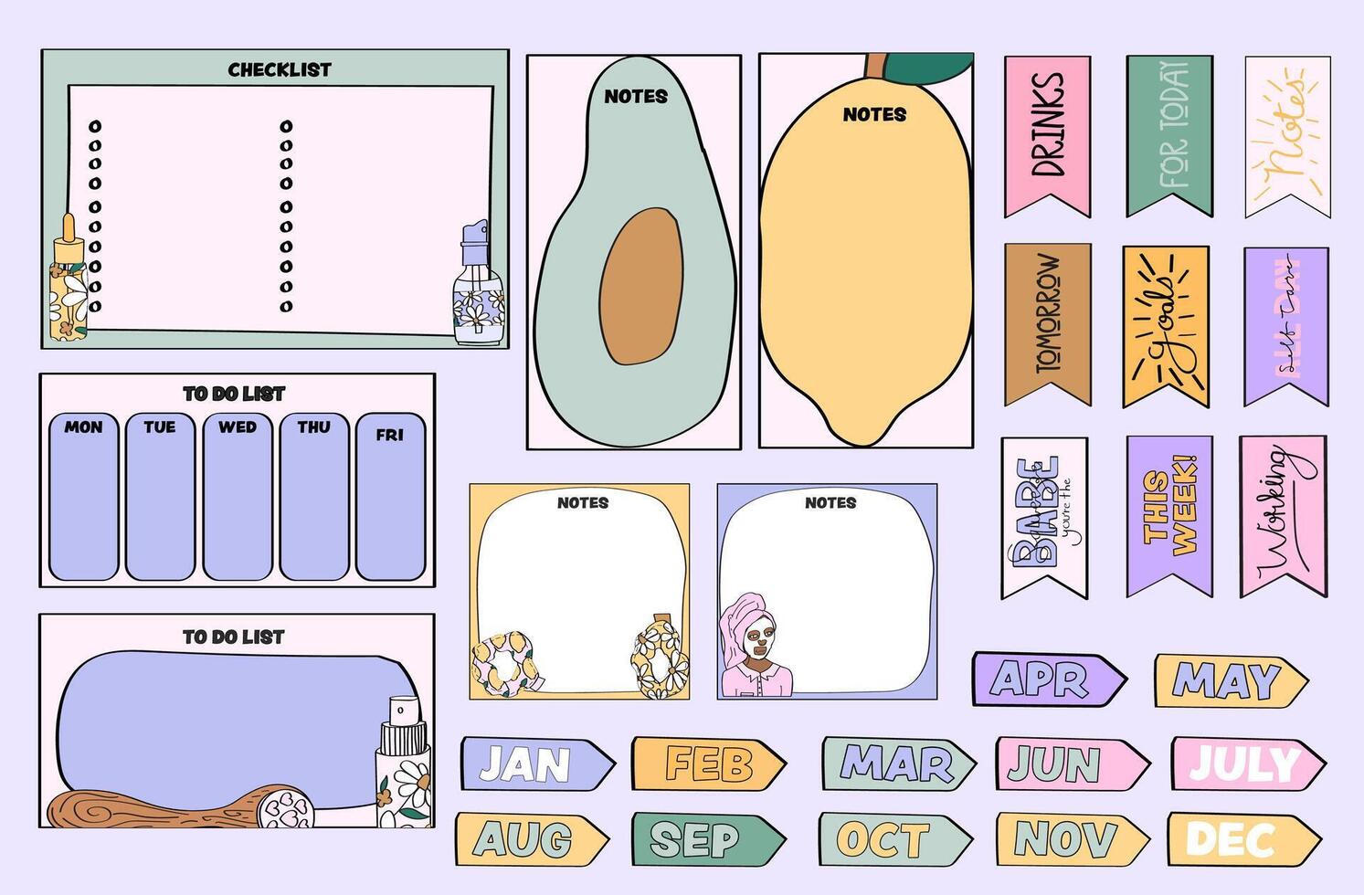 self care planner page, planner stickers, sticky notes and memo notepad pages vector