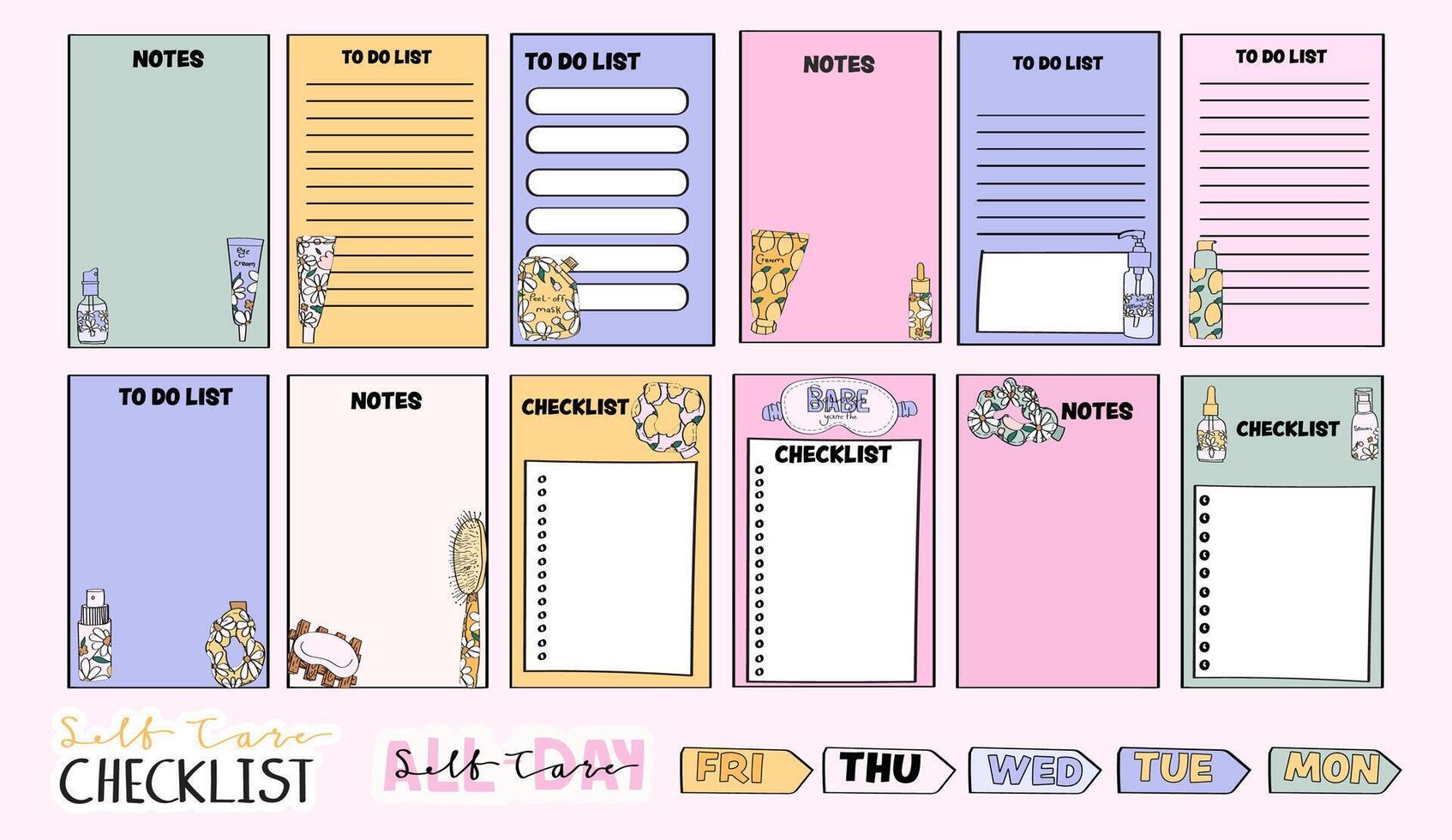 Cute notepad pages for weekly and daily planning with checklists to do lists notes and stickers vector