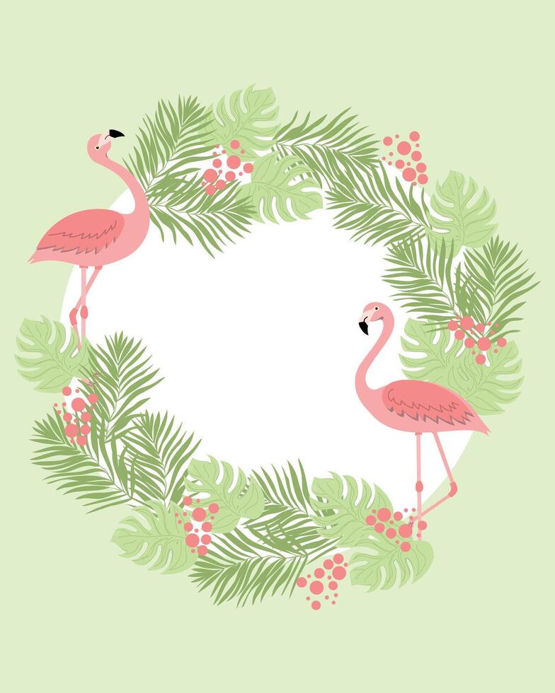 Circle frame green summer tropical palm leaves with exotic flamingo. vector