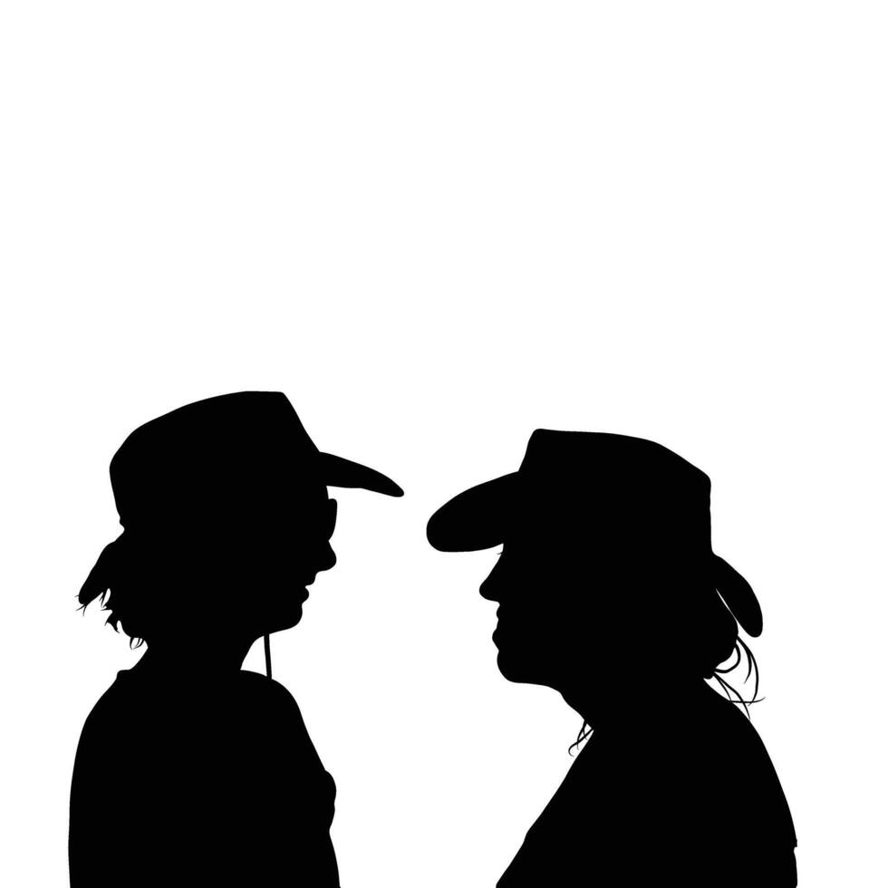 Silhouette illustration of two individuals wearing hats facing each other in a conversation-like position presented in high contrast black and white vector