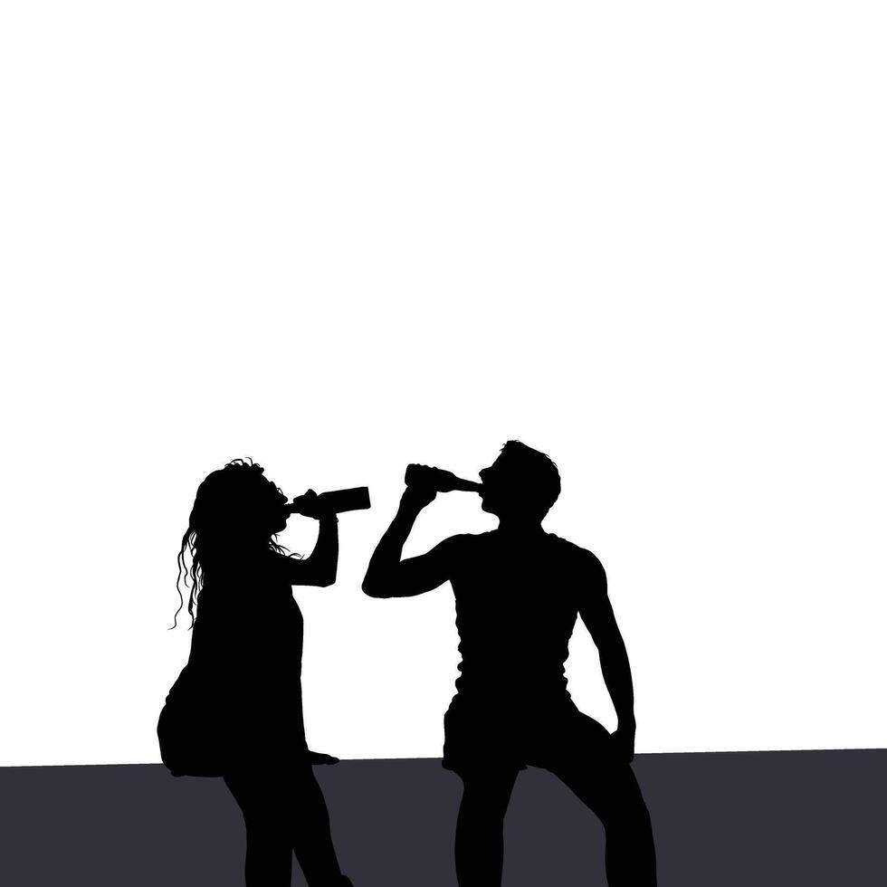 Silhouetted figures enjoying refreshments A woman sits while a man stands both drinking bottles A simple yet evocative image against a stark backdrop vector