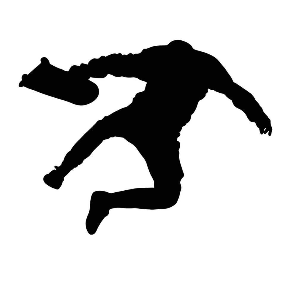 Silhouette of a person leaping mid-air with a skateboard in hand showcasing an action shot of the extreme sport against a white backdrop vector