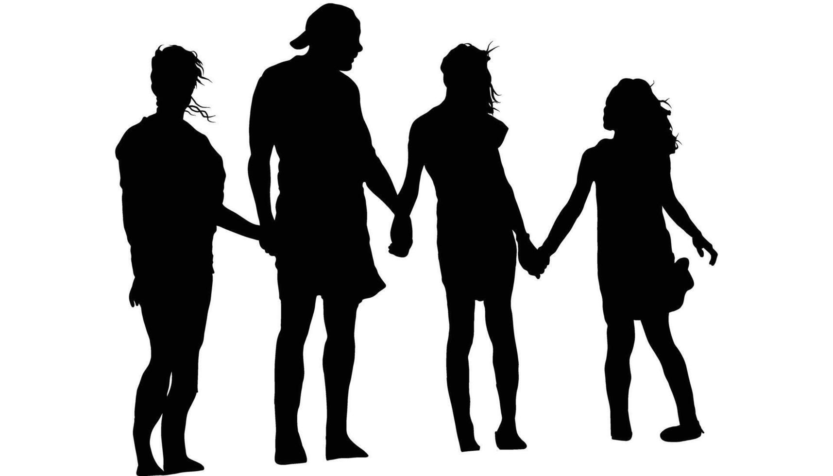 Silhouette of a family of four walking hand-in-hand representing unity connection and togetherness in a minimal monochrome style vector