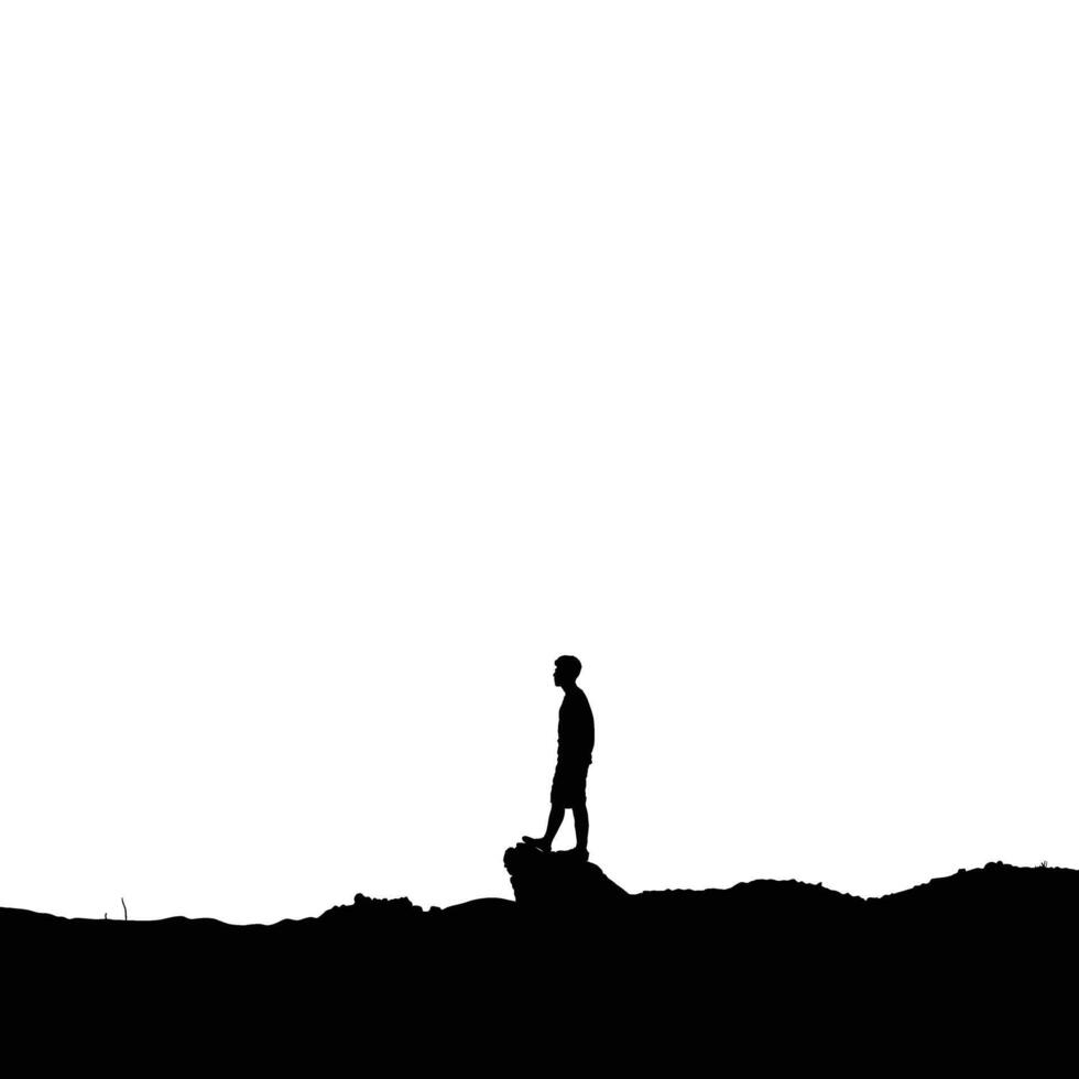 Silhouette of a lone figure standing atop a dark rocky hill against a bright white sky portraying adventure solitude and exploration vector