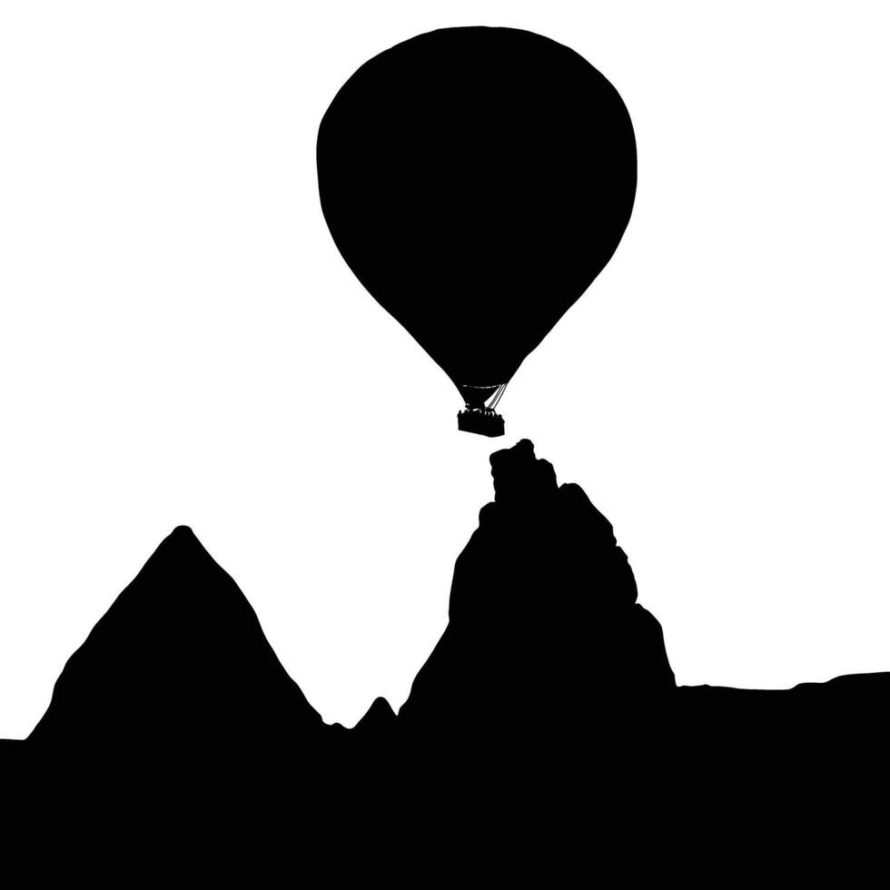 A hot air balloon gracefully ascends its dark silhouette contrasting against the bright sky while rocky formations provide a striking backdrop vector