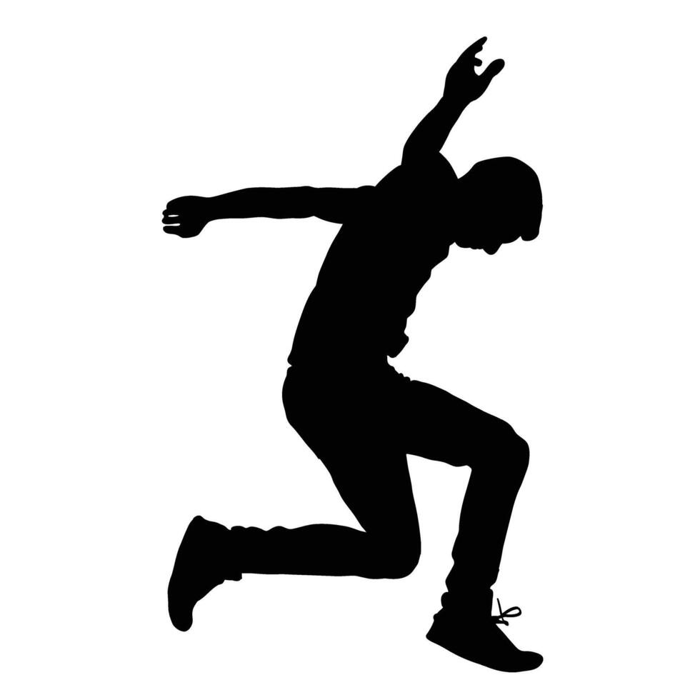 Dynamic silhouette of a person in mid-air showcasing movement and energy Black figure on a white backdrop evokes a sense of freedom and athleticism vector