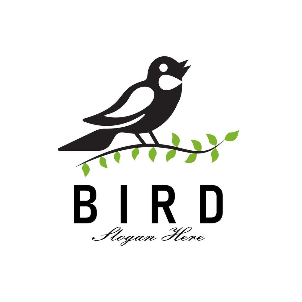 Black Silhouette Bird Logo Design on Leaf Branch Simple Vintage Bird Lover Illustration vector
