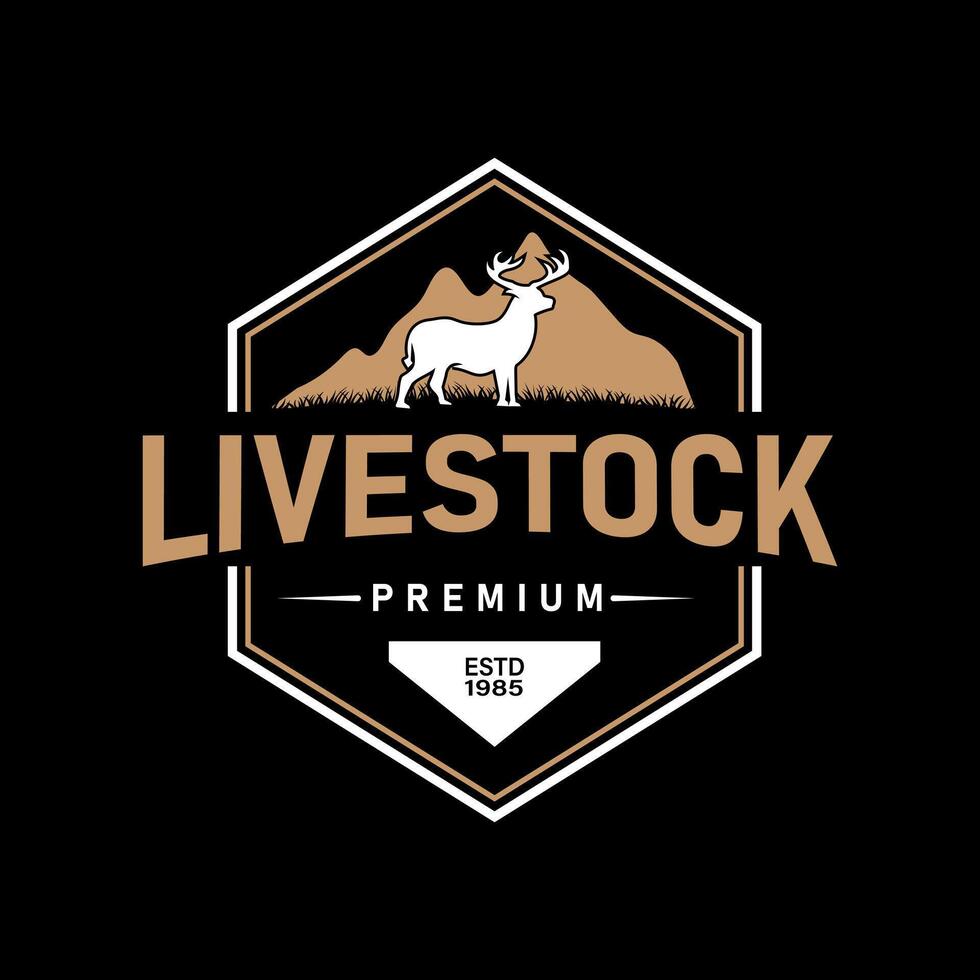 Vintage Logo featuring Deer Standing in Grass Field, with Mountain background in Hexagonal Frame. Suitable for livestock, organic meat business vector