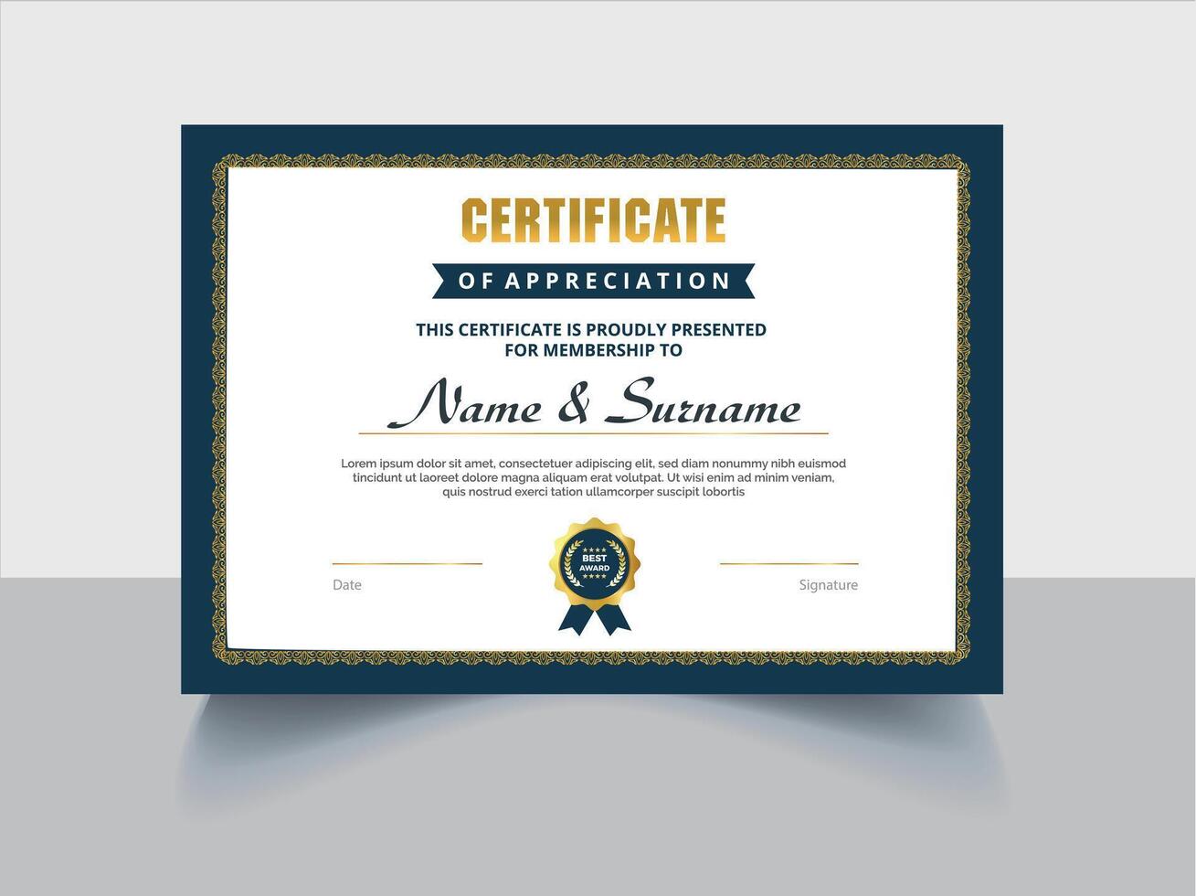 Certificate template with blue border and gold ribbon vector