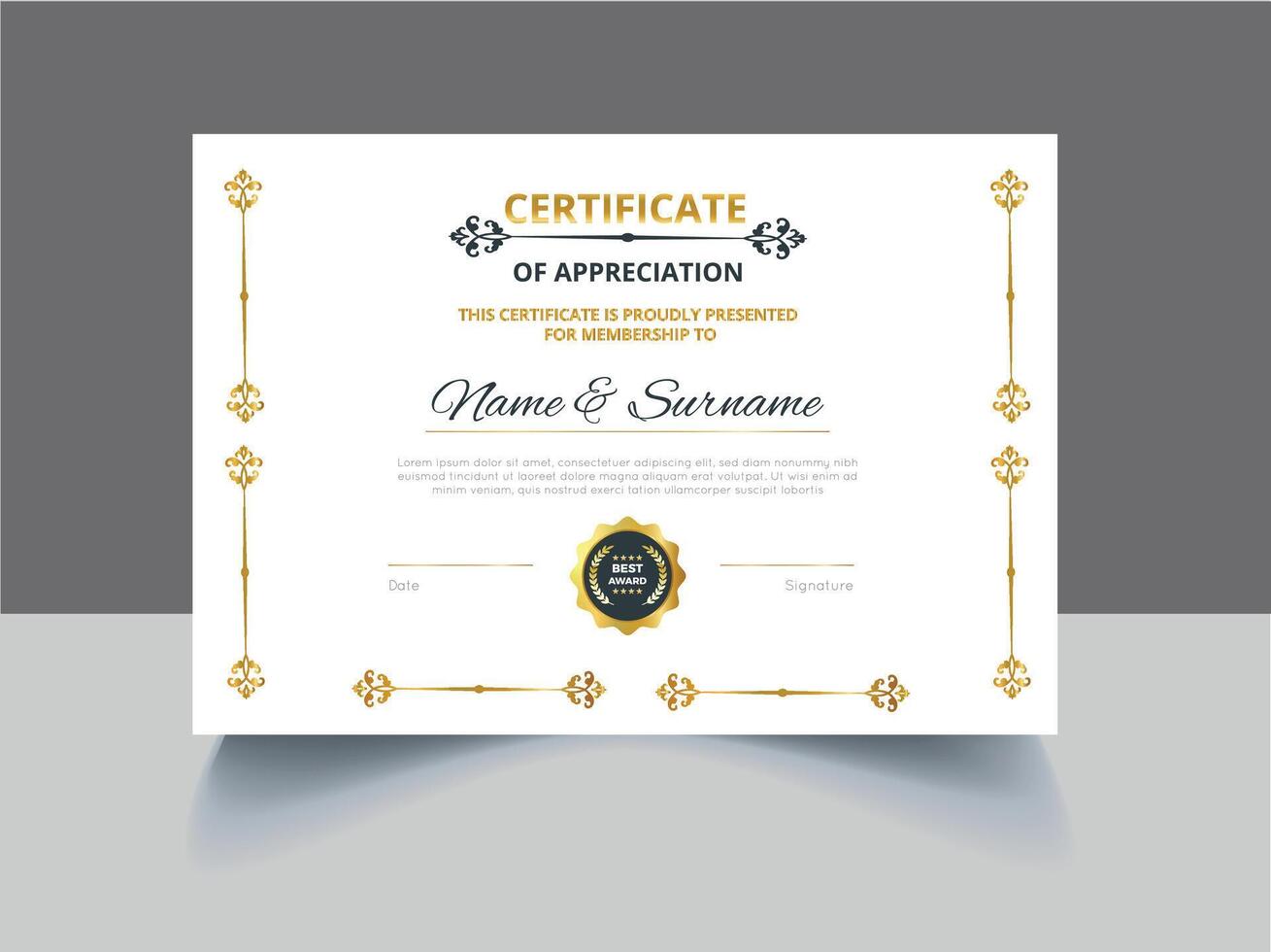 Certificate template with gold border and ornate design vector