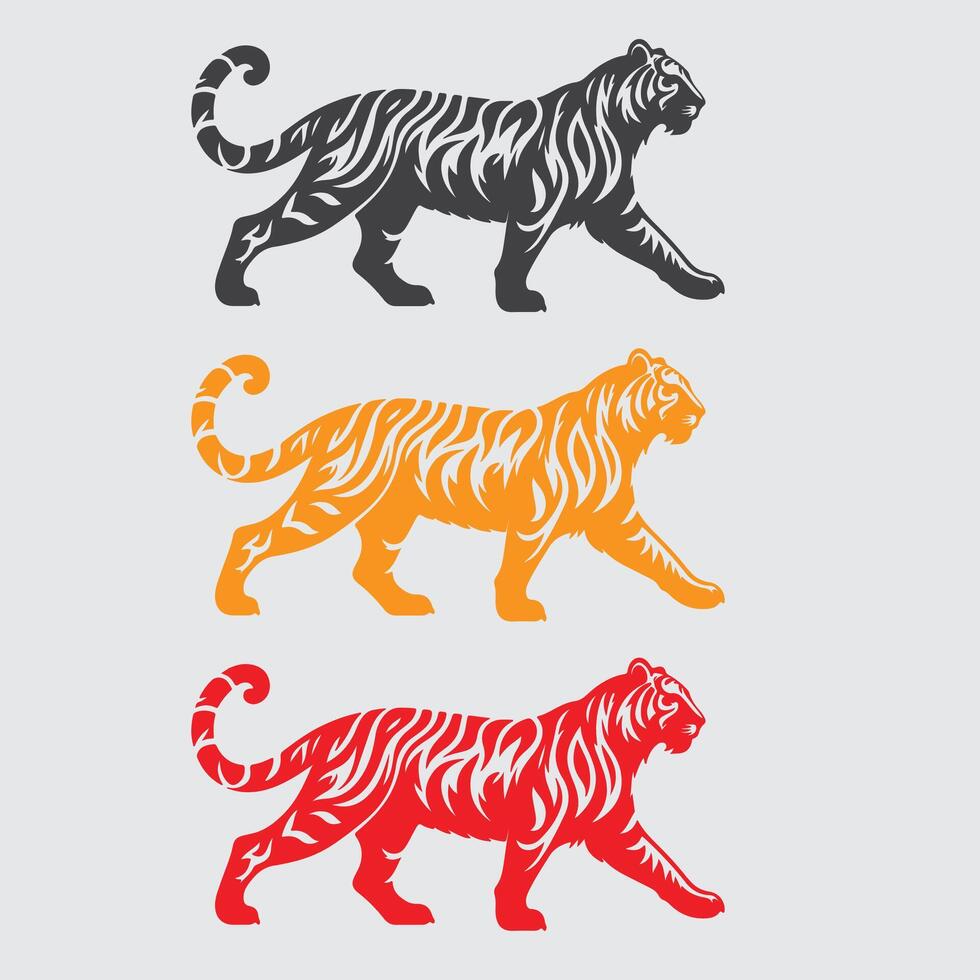Stylized Tiger Walking - Tribal Illustration in Three Colors vector