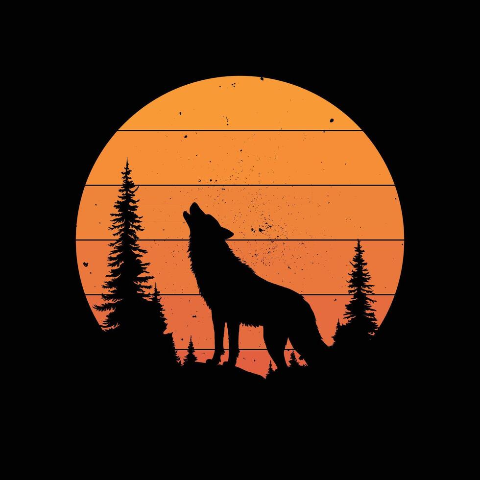 Lone Wolf Howling Sunset Silhouette Wild Nature Design vector