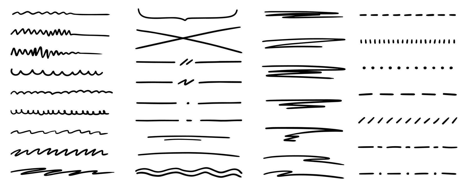 Set of abstract curved hand drawn lines, underline, highlight lines, underline strokes, scribbles, dashes. Wavy, straight, curved lines. vector