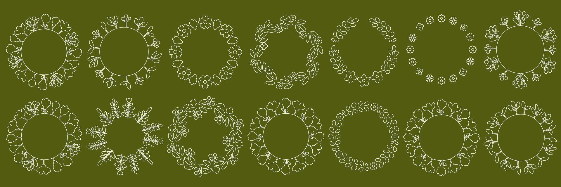 Large set of drawn botanical round frames, floral wreaths. Spring, summer wreaths, clip art for postcards. Wedding laurel wreaths for invitation card. vector