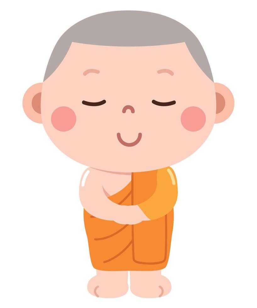 A peaceful and adorable cartoon illustration of a young novice monk dressed in traditional orange robes, standing with a serene expression and closed eyes vector