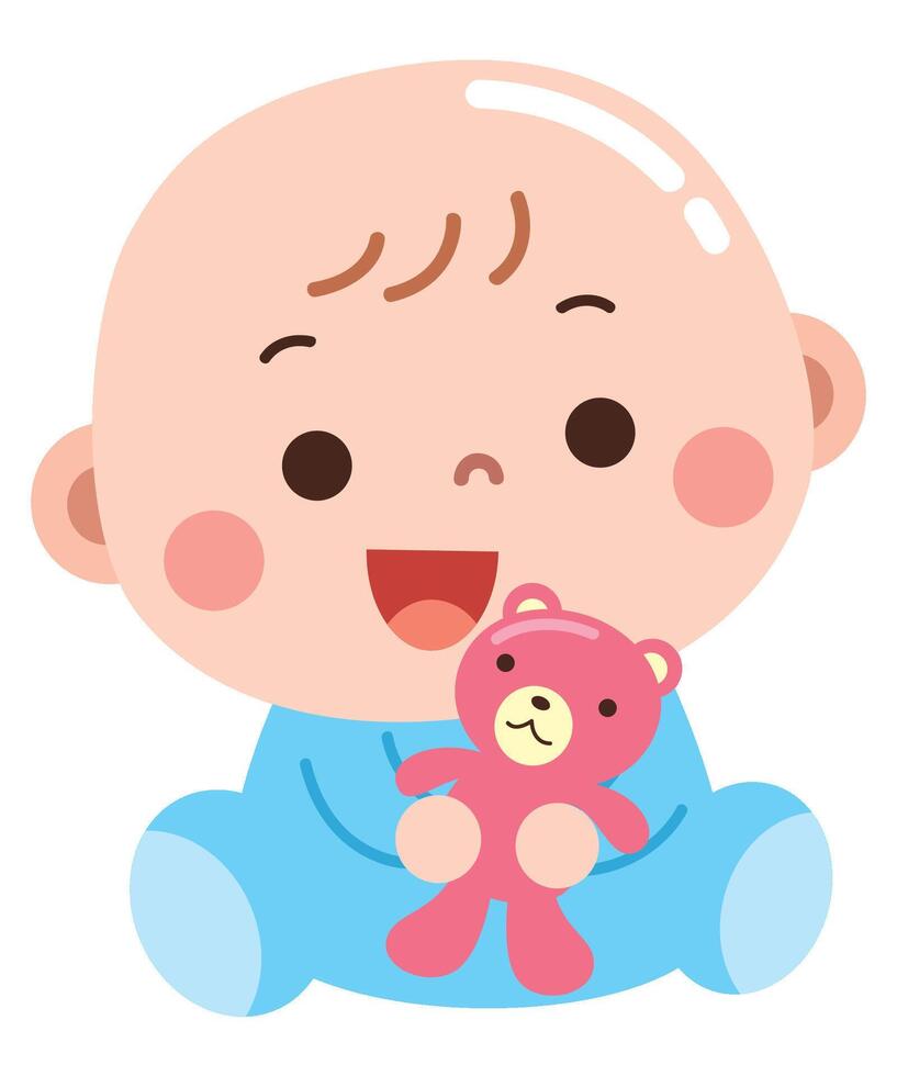 A cute and cheerful cartoon illustration of a baby dressed in a blue outfit, happily holding a small pink teddy bear vector
