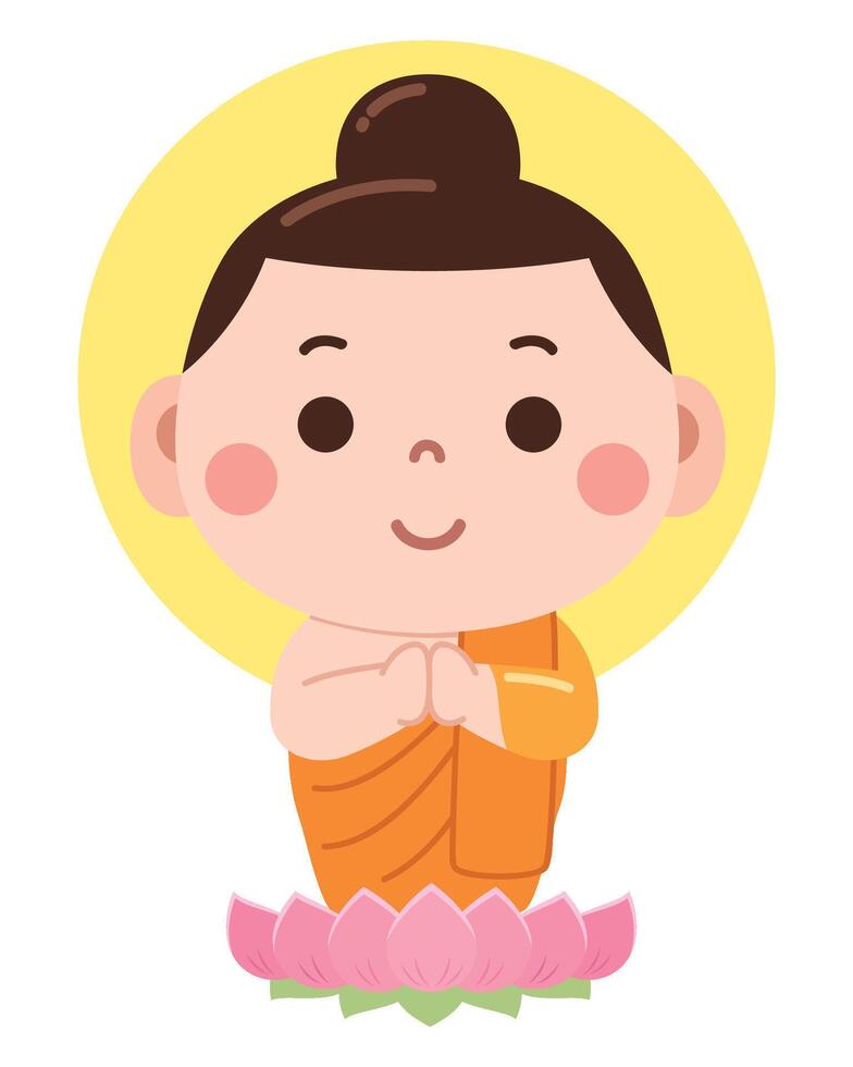 A peaceful and adorable cartoon illustration of a young Buddha figure standing on a pink lotus flower with hands joined in a Namaste or Anjali Mudra gesture vector