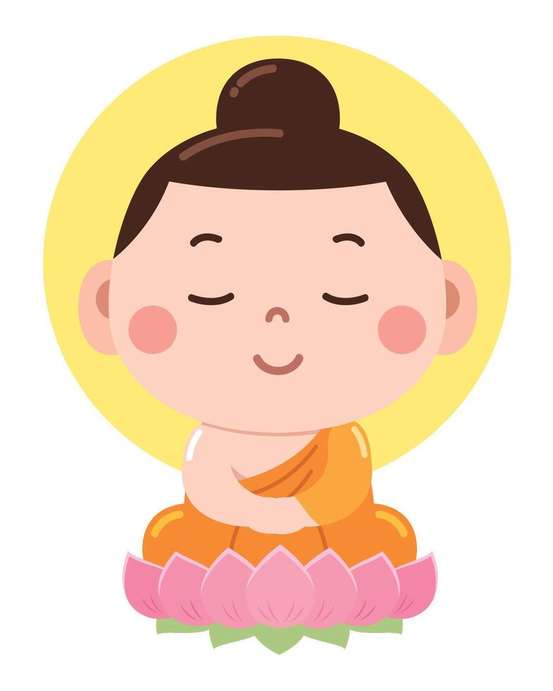 A peaceful and adorable cartoon illustration of a young Buddha figure sitting in a meditative posture on a pink lotus flower vector