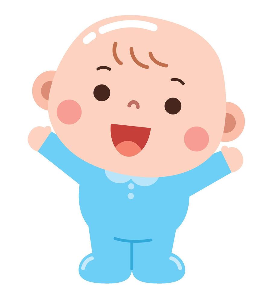 A cute and cheerful cartoon of a baby dressed in a light blue onesie, standing with arms raised and a joyful expression vector