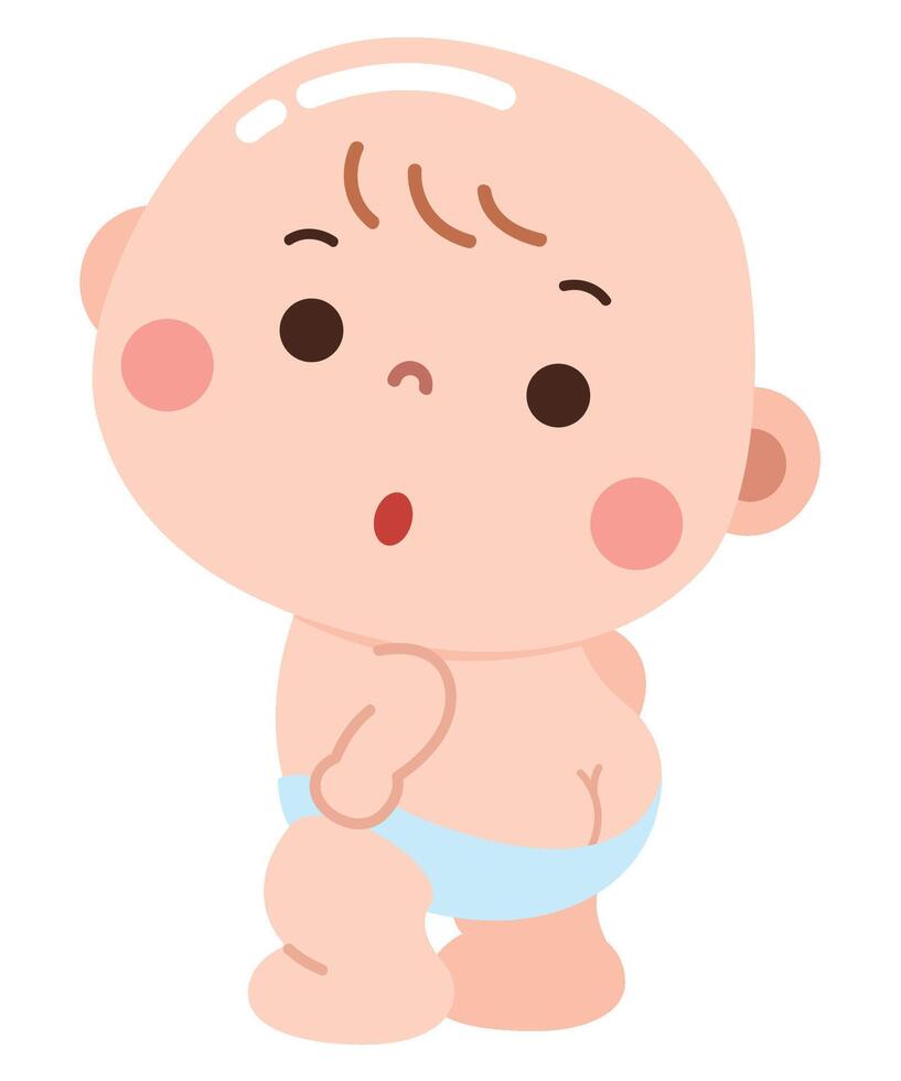 An adorable cartoon of a baby in a diaper with a surprised and curious expression. vector