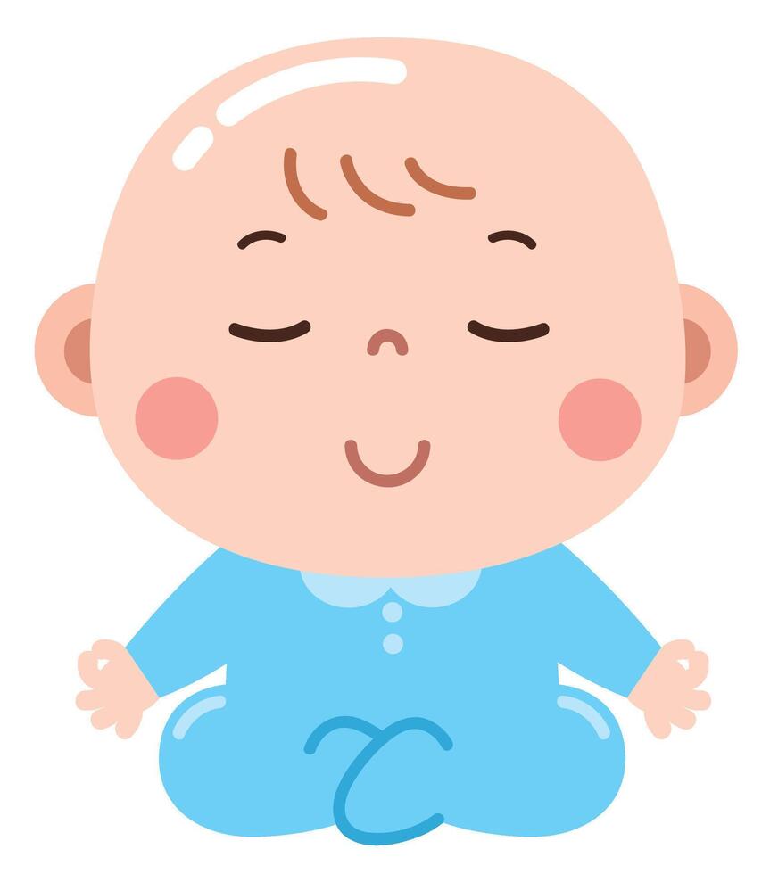 A peaceful and adorable cartoon illustration of a baby sitting cross-legged in a meditation pose, dressed in a light blue onesie vector