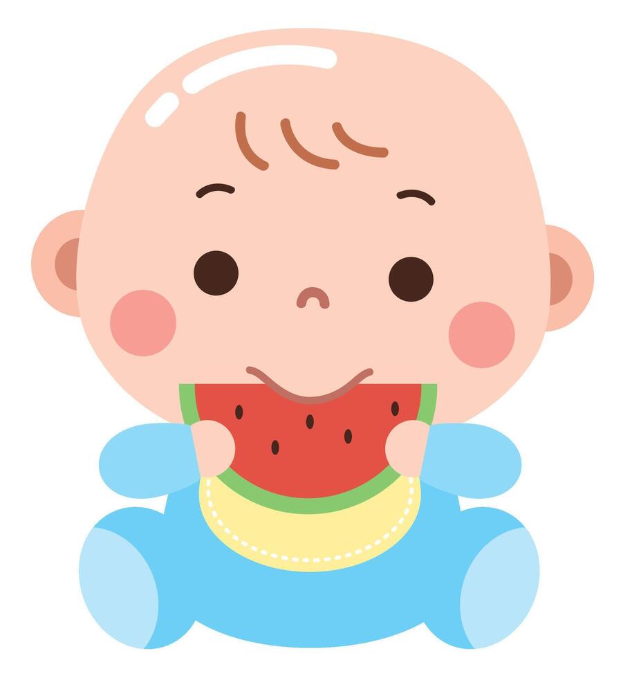 An adorable cartoon illustration of a baby dressed in a blue onesie and wearing a bib while happily eating a slice of watermelon vector