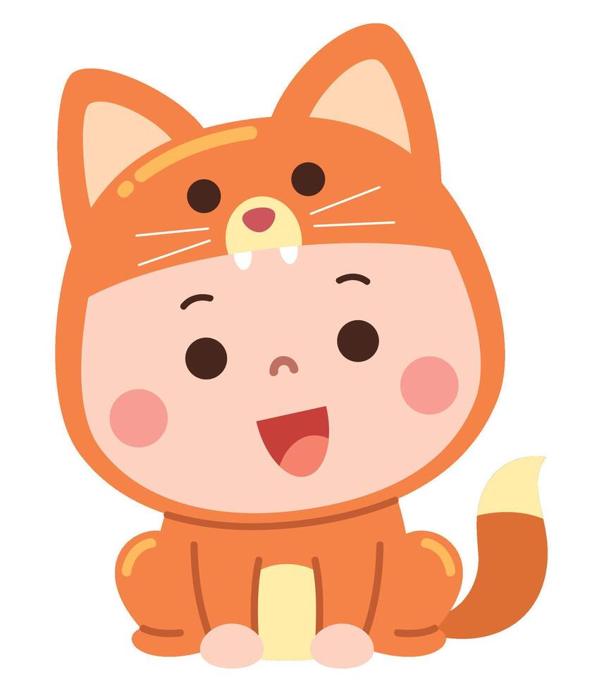 Adorable cartoon illustration of a baby dressed in a charming fox costume, complete with pointy ears, a fluffy tail, and a cheerful expression vector