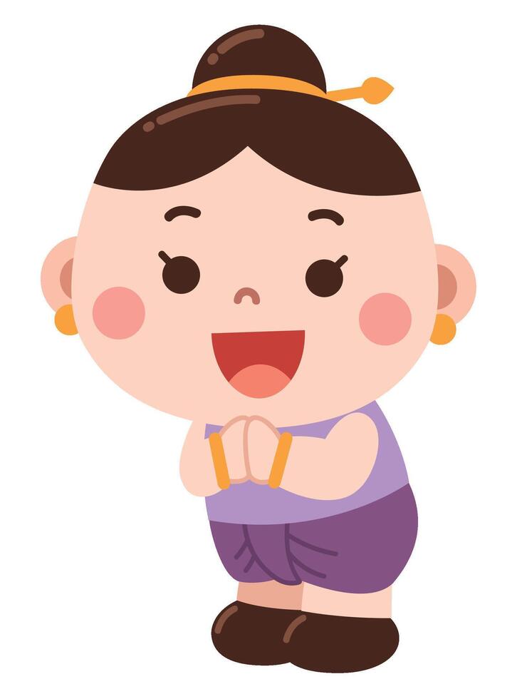 A cheerful and respectful cartoon illustration of a young girl dressed in traditional clothing, performing a polite greeting with hands together in a respectful gesture vector