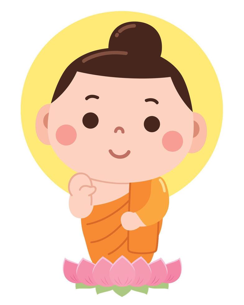 A charming and peaceful cartoon illustration of a young Buddha figure sitting on a pink lotus flower, dressed in traditional orange robes vector