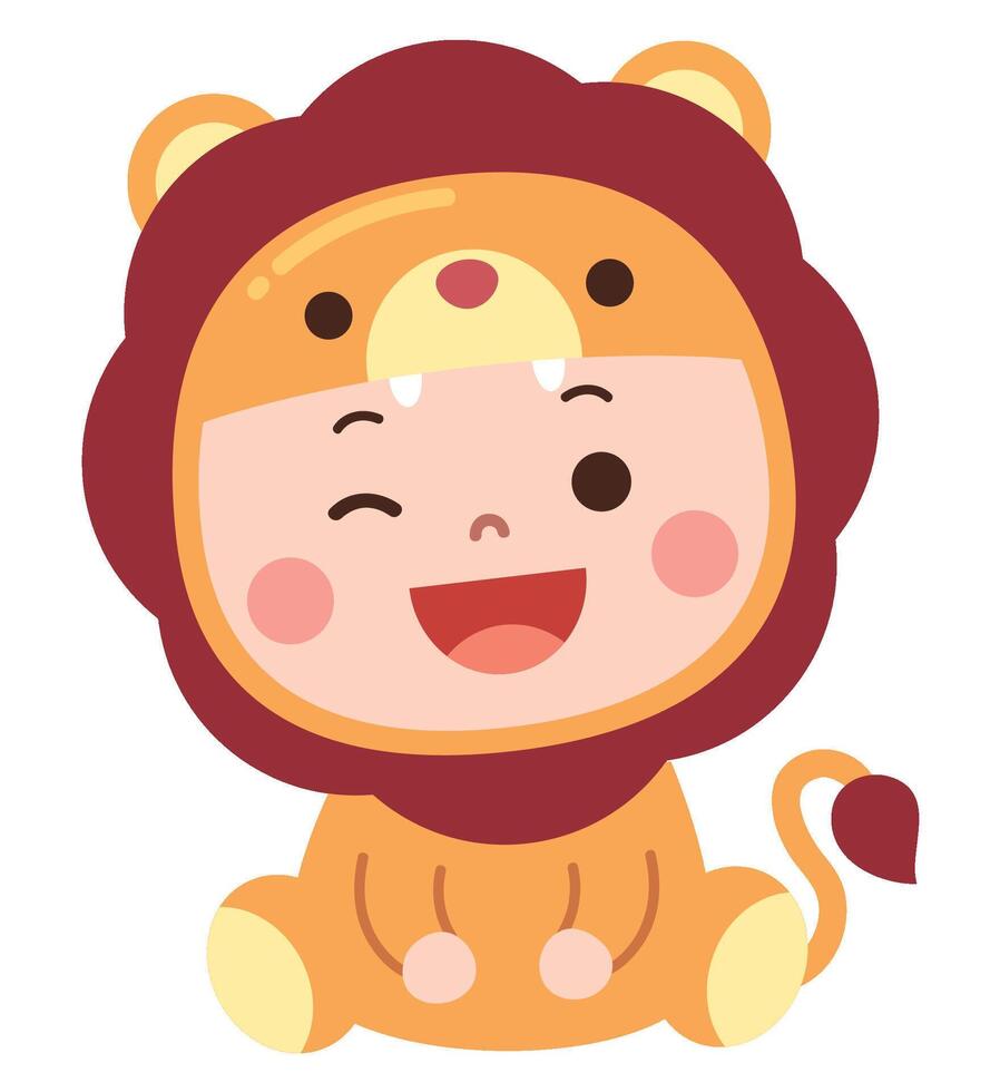 Adorable cartoon illustration of a baby dressed in a lion costume, sitting happily with a big smile and a playful wink vector