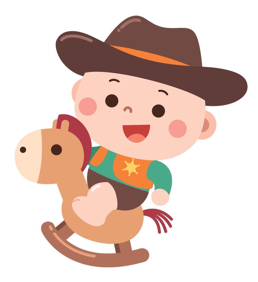 Adorable cartoon illustration of a baby dressed as a cowboy, riding a wooden rocking horse vector
