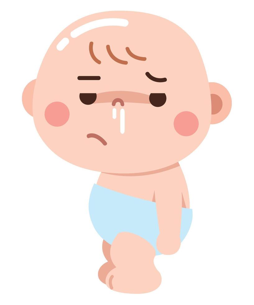 A cute but sad cartoon illustration of a baby feeling unwell, with a runny nose and a tired expression vector