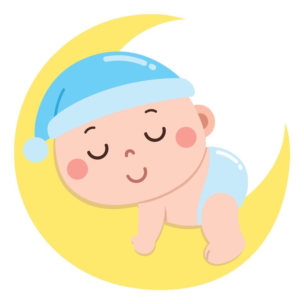 A charming and peaceful cartoon illustration of a baby sleeping soundly on a soft yellow crescent moon. vector
