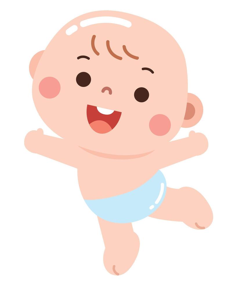 An adorable cartoon illustration of a joyful baby in a diaper, playfully jumping or dancing with a big smile. vector