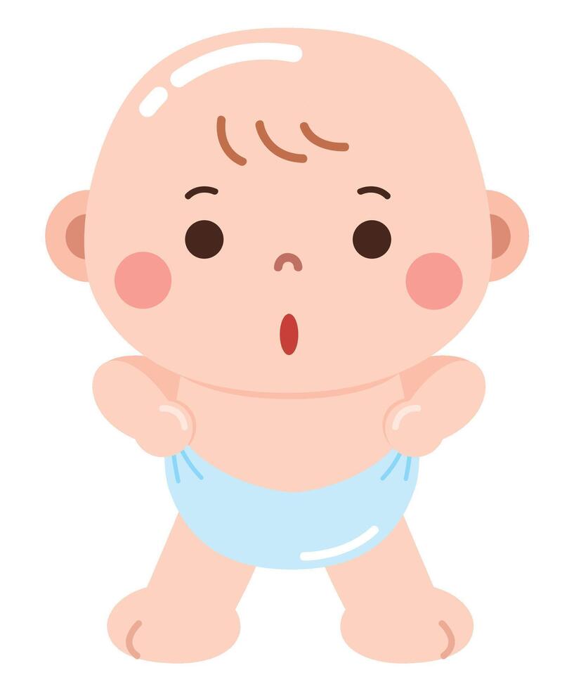 An adorable cartoon illustration of a baby in a diaper with a surprised and curious expression. vector