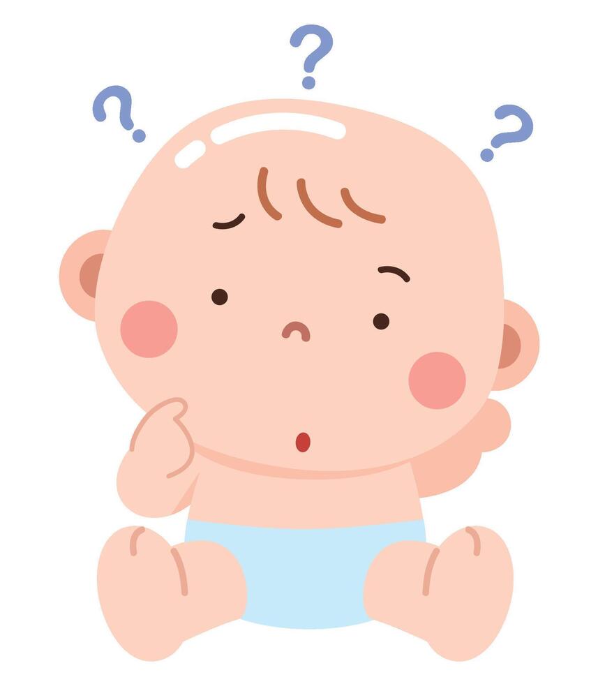 A cute cartoon illustration of a baby sitting with a puzzled expression, surrounded by small question marks vector