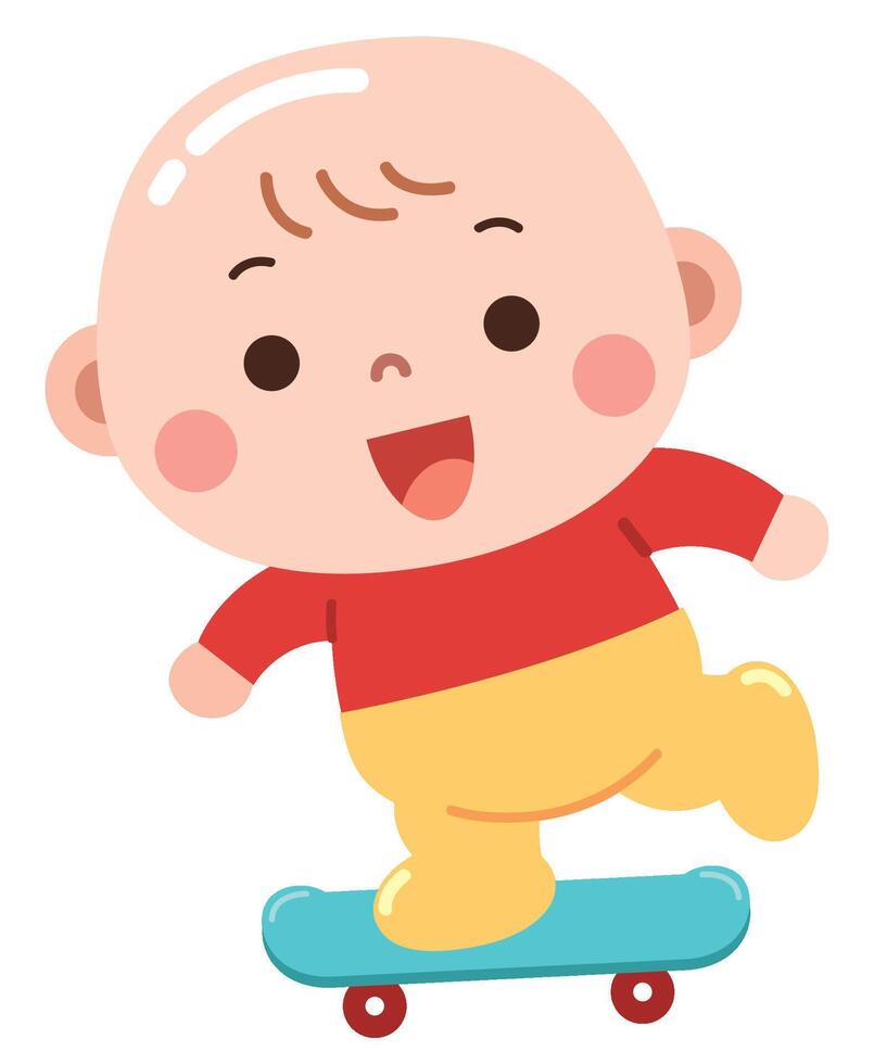 Adorable cartoon illustration of a cheerful baby balancing on a skateboard, wearing a red and yellow outfit vector