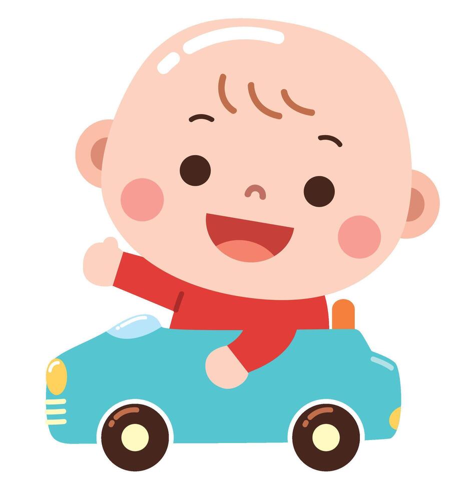 A cute and cheerful cartoon illustration of a baby sitting in a small blue toy car, waving with a joyful expression vector