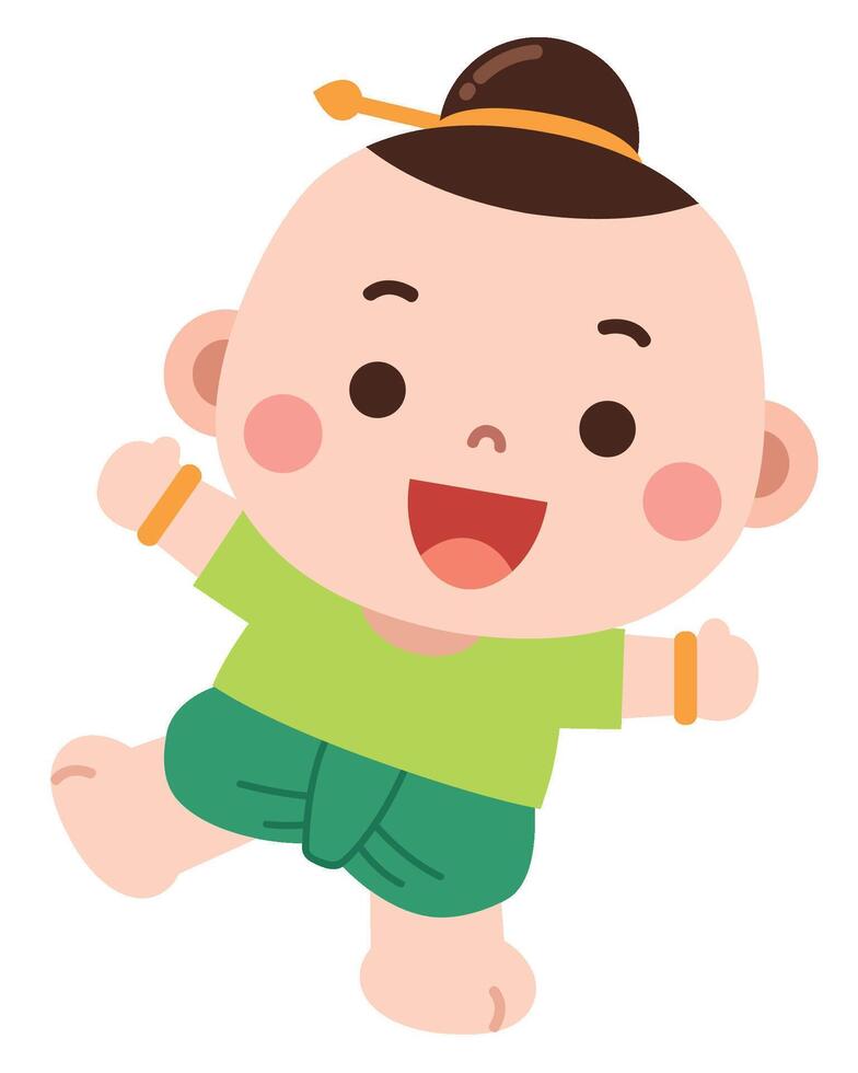 A cute and lively cartoon illustration of a baby dressed in traditional attire, featuring a green top, green pants, and gold accessories vector