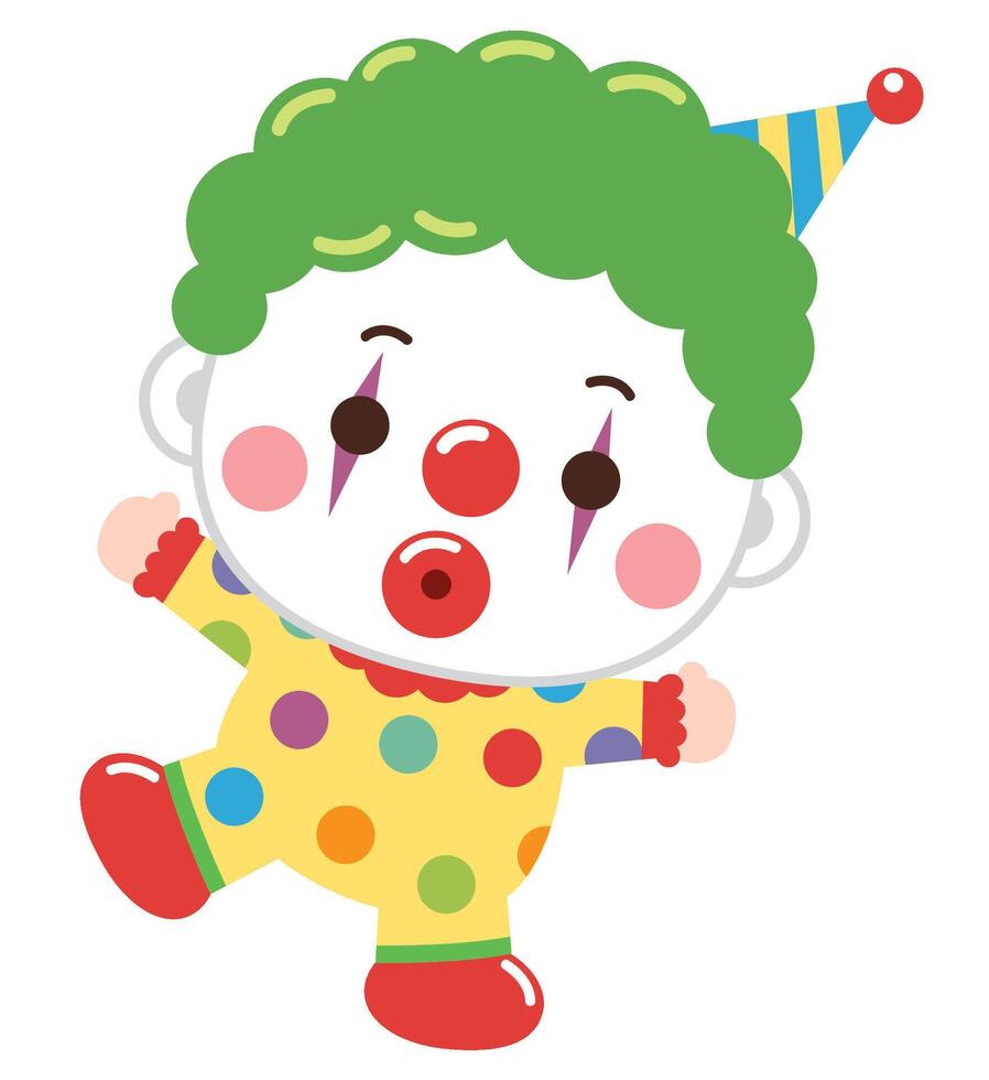 Adorable and colorful cartoon illustration of a baby dressed as a playful clown, featuring a bright outfit, curly green hair, red nose, and cheerful expression vector