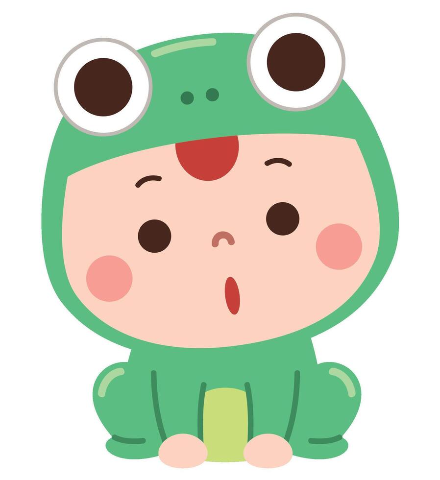 Adorable cartoon illustration of a baby dressed in a frog costume, featuring big round eyes on the hood and a surprised expression vector