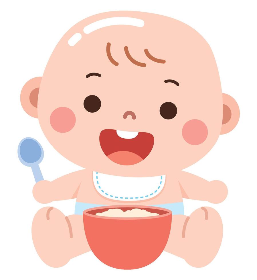 A delightful and cheerful cartoon-style illustration of a baby happily eating vector