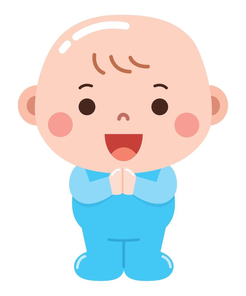 A cute and cheerful cartoon illustration of a baby dressed in a blue outfit, standing with hands clasped together and a joyful expression. vector