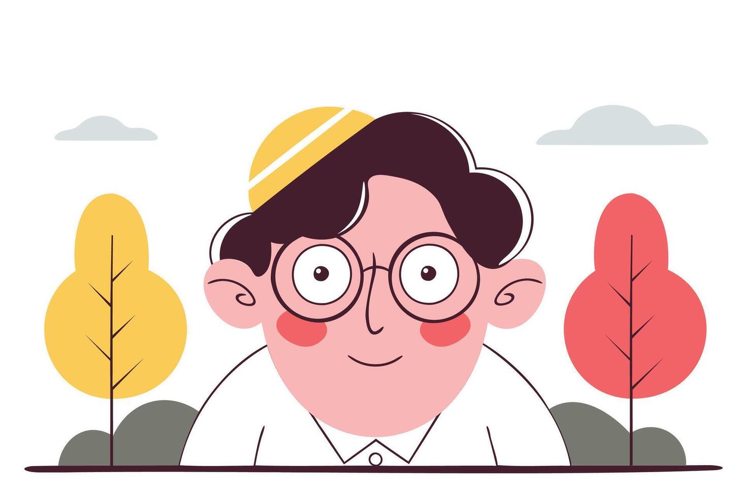 Cute stylized cartoon man with glasses and yellow hat amidst autumn trees vector